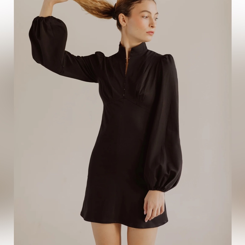 ONIRIK JANE HIGH NECK EMPIRE MINI DRESS SZ M BLACK COTTON BLOUSON SLEEVES